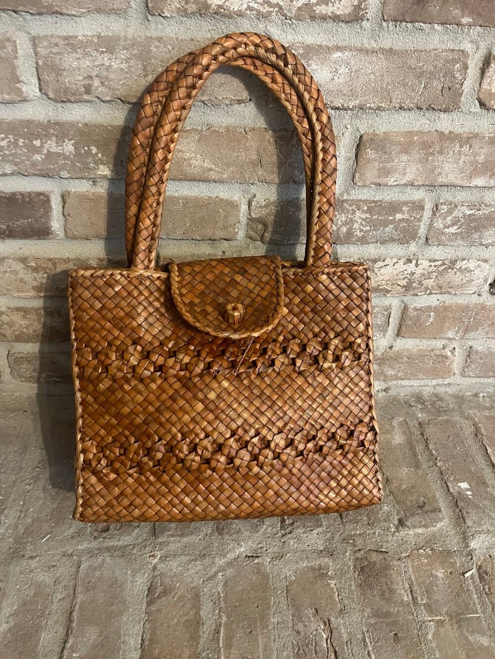 Vintage Handwoven Woven Palm Leaf Straw Tote Purse Boho Cottagecore Market Bag